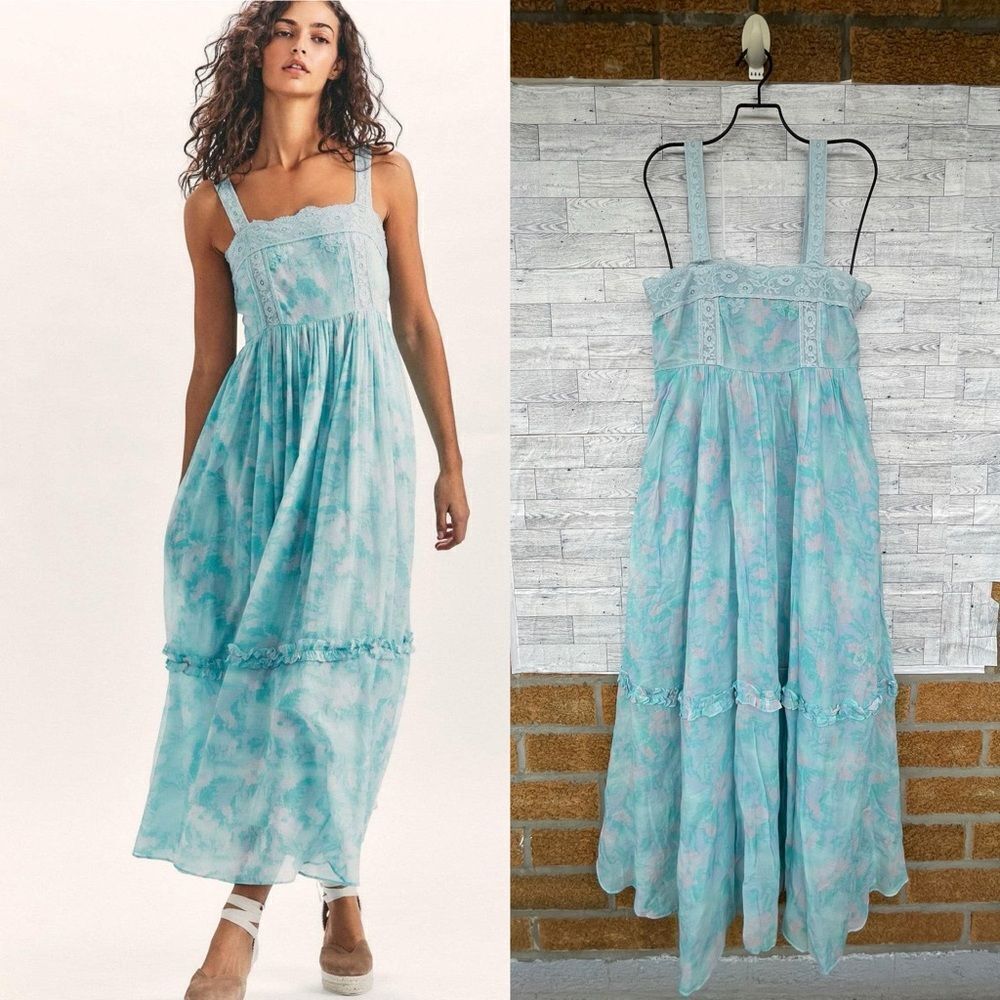 LoveShackFancy Ayala Maxi Dress in Aqua Sea Blue Pastel Watercolor Flora…